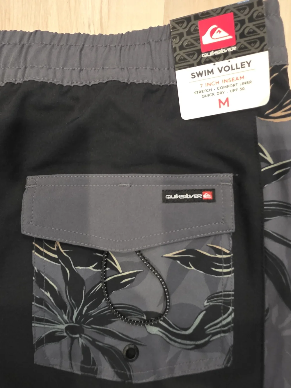 Quiksilver Black Swim Trunks with Gray Floral Side Panels